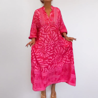 Women’s Midi Dress – Loose Fit – Button-Front – Rolled Sleeves – Abstract Print – Breathable Fabric