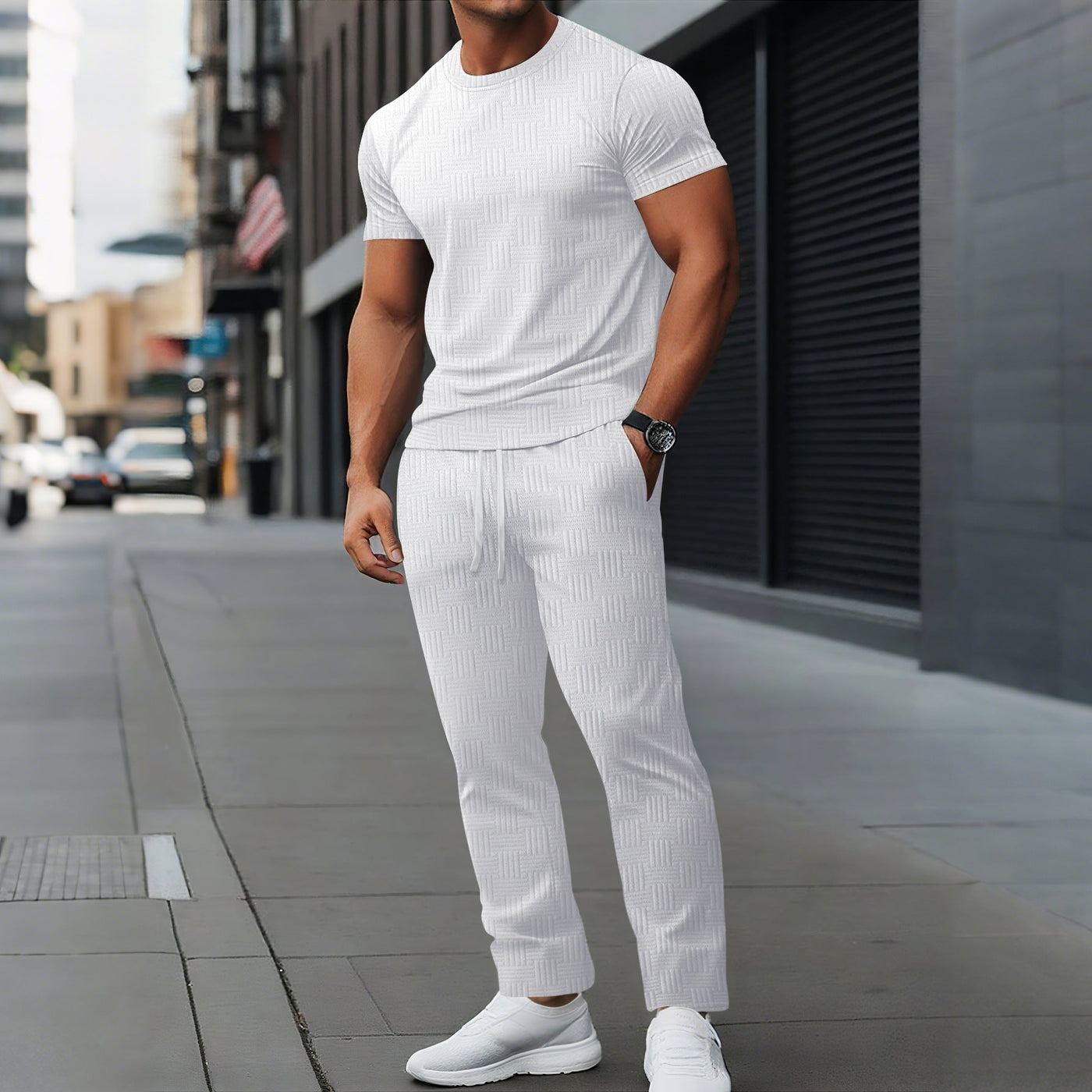 Men’s Athletic Trousers Set – Slim Fit – Stretch Fabric – Full Length Drawstring Waist