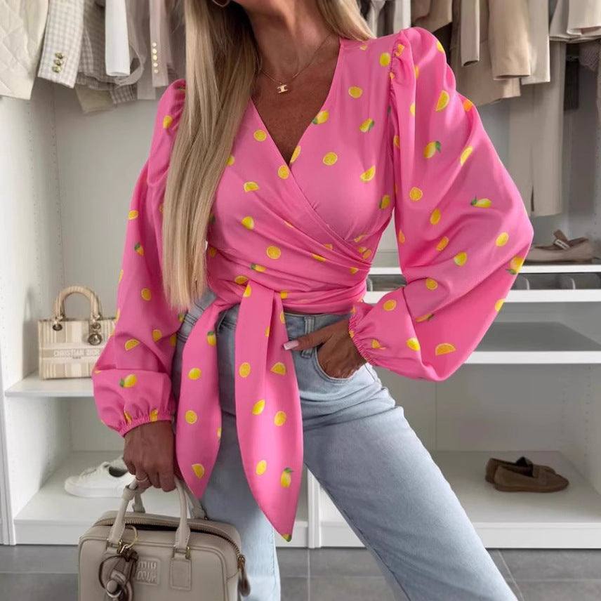 Women’s Wrap Top – Deep V-Neck – Tie Waist – Puff Sleeve – Cropped Fit – Printed
