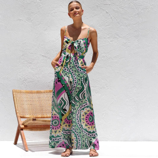 Women’s Jumpsuit – Wide Leg – Spaghetti Strap – Front Cut-Out – Lightweight Cotton