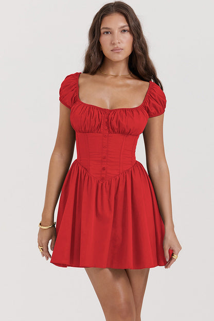 Women’s Mini Dress – Slim Fit – Puff Sleeve – Square Neck – Button Front – Cotton Blend