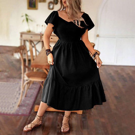Women’s Midi Dress – V-Neck – A-Line Fit – Short Puff Sleeves – Ruffled Hem – Cotton