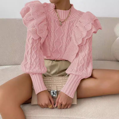 Women’s Knit Sweater – Cropped Fit – Cable Knit – Ruffle Shoulder – Long Sleeve