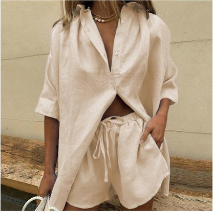 Women’s Shirt and Shorts Set – Linen Blend – Oversized Fit – Elastic Waist Casual Wear