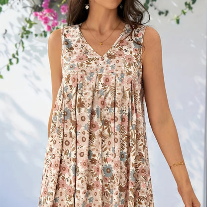 Women’s A-Line Dress – Sleeveless – V-Neck – Floral Print – Breathable Blend – Casual Fit
