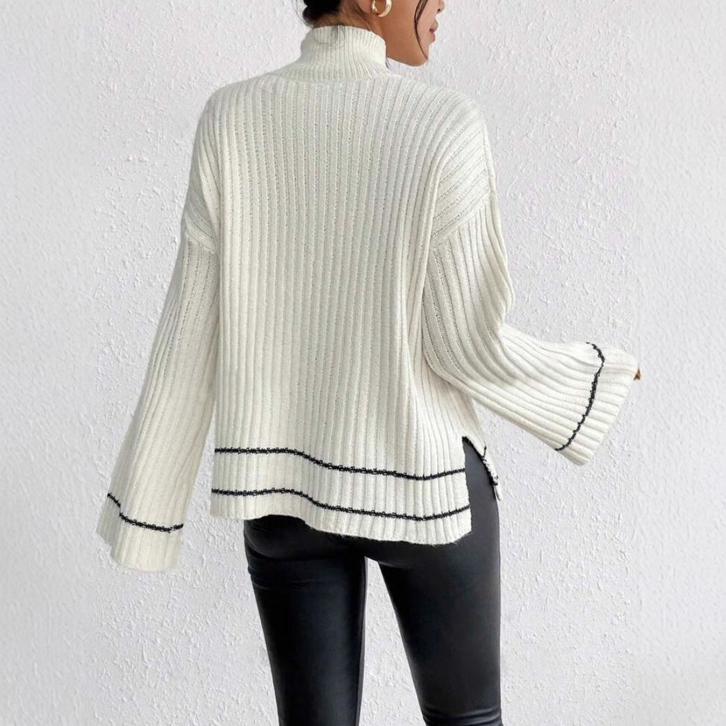 Women’s Knitted Sweater – Oversized Fit – Ribbed Mock Neck – Flared Long Sleeves