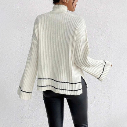 Women’s Knitted Sweater – Oversized Fit – Ribbed Mock Neck – Flared Long Sleeves