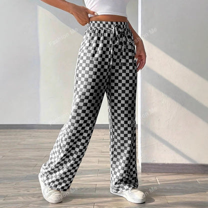Women’s Wide-Leg Trousers – Relaxed Fit – Checkered Print – Elastic Waist with Drawstring