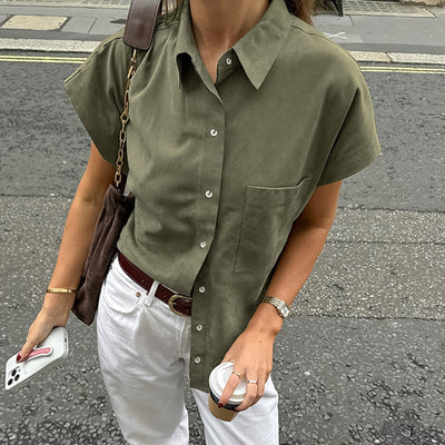 Women’s Sleeveless Shirt – Cotton Linen Blend – Relaxed Fit – Button Front – Chest Pocket