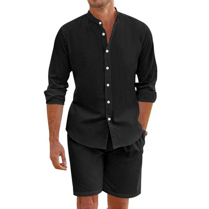 Men’s Two-Piece Set – Linen Blend – Relaxed Fit – Button-Up Shirt & Mid-Thigh Shorts