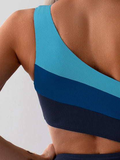 Women's Swimsuit - One Shoulder Cutout Design - Colorblock Pattern