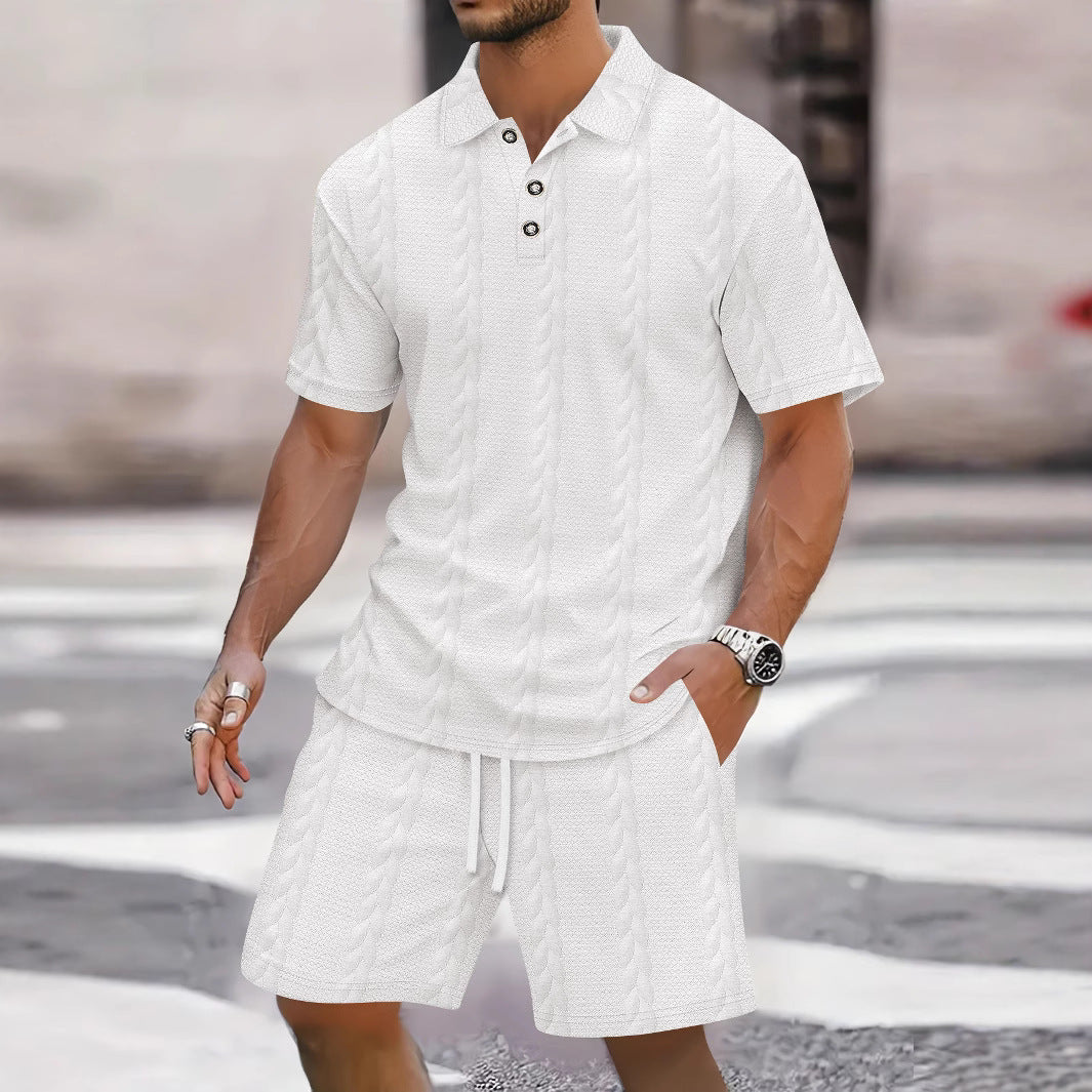 Men’s Shirt and Bermuda Shorts Set – Relaxed Fit – Knit Texture – Button Front – Polo Collar