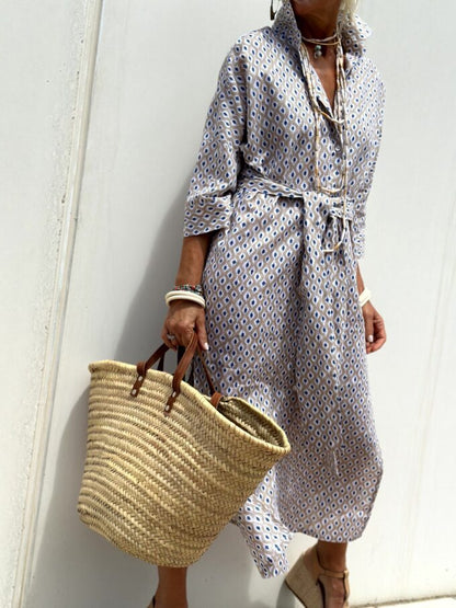 Women’s Shirt Dress – Relaxed Fit – Cotton Blend – Geometric Print – Button Down – Midi Length