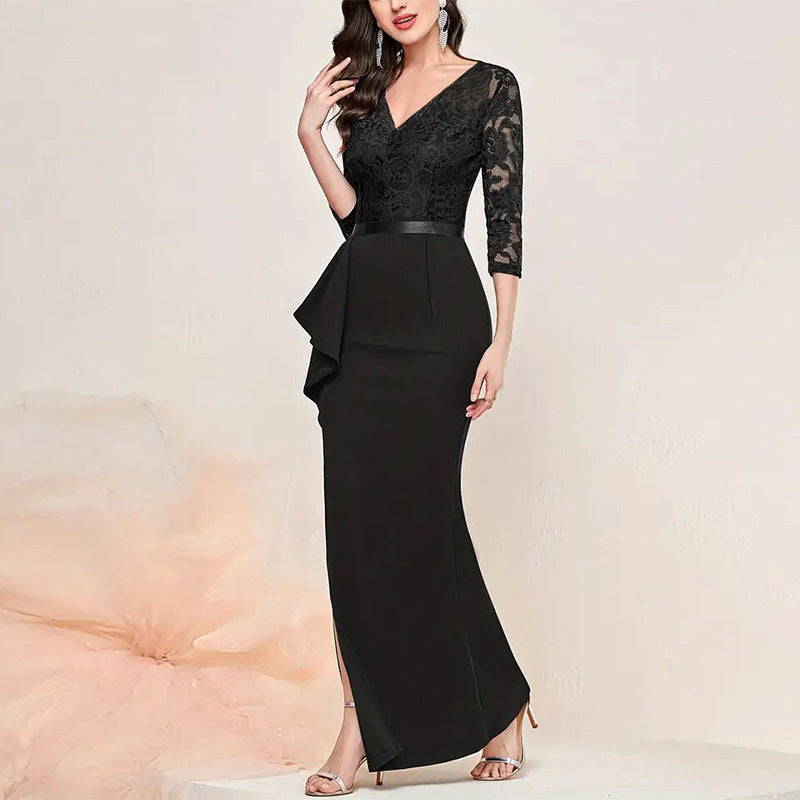 Women’s Evening Dress – Fitted Silhouette – Lace Bodice – High Slit – Ruffle Detail