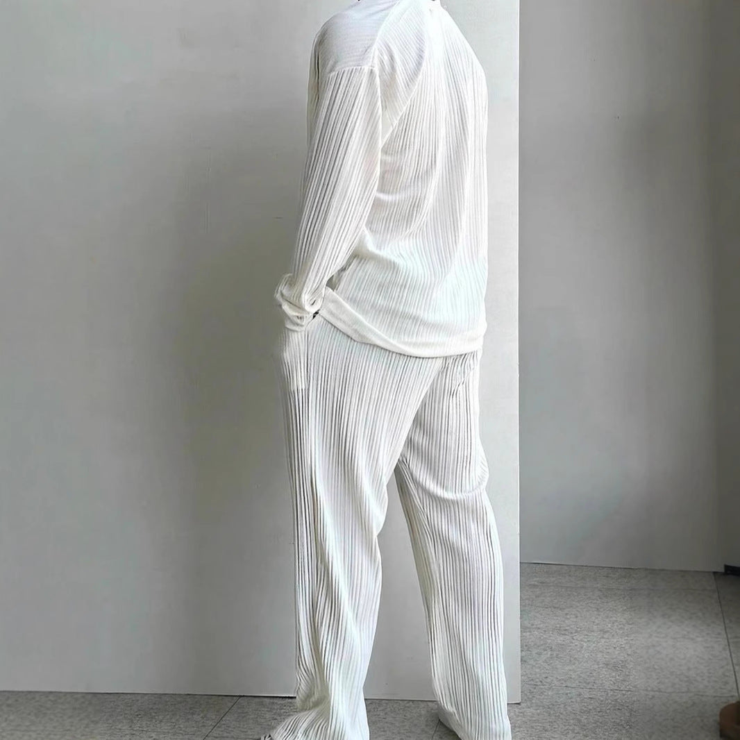 Men’s Matching Set – Relaxed Fit – Pleated Texture – Collarless Shirt & Straight-Leg Pants