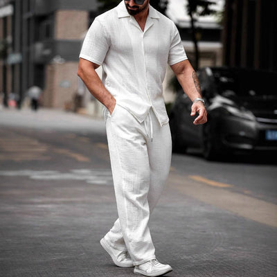 Men’s Shirt and Trousers Set – Lightweight Cotton – Relaxed Fit – Short Sleeve Casual