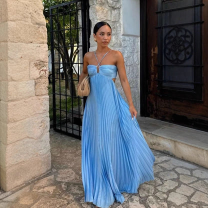 Women’s Strapless Maxi Dress – Crisscross Bodice – Pleated A-Line – Side Cut-Outs