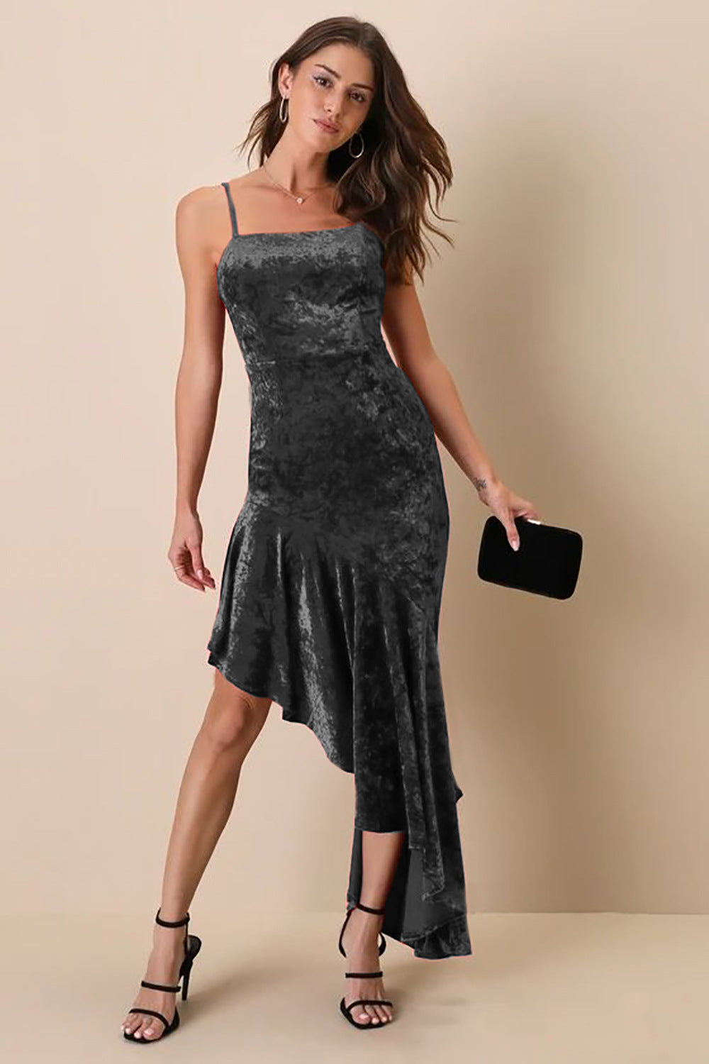 Women’s Maxi Dress – Slim Fit Velvet – Spaghetti Straps – High-Low Evening Wear