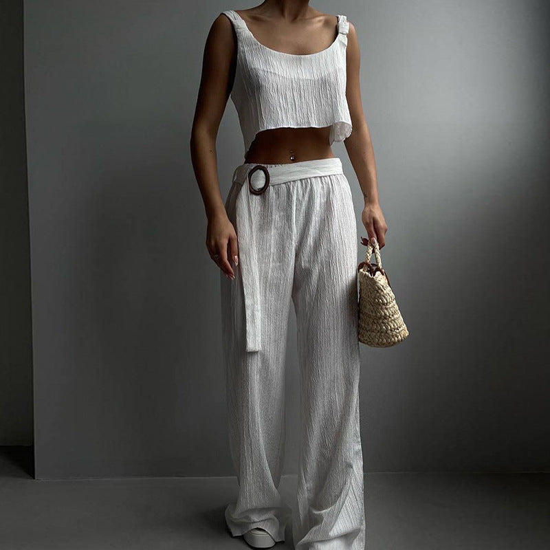Women’s Two-Piece Set – Crop Top and Wide-Leg Trousers – Crinkled Lightweight Fabric