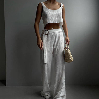 Women’s Two-Piece Set – Crop Top and Wide-Leg Trousers – Crinkled Lightweight Fabric