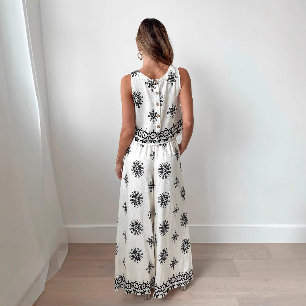 Women’s Two-Piece Set – Embroidered Crop Top – High Waist Wide-Leg Pants – Cotton Blend