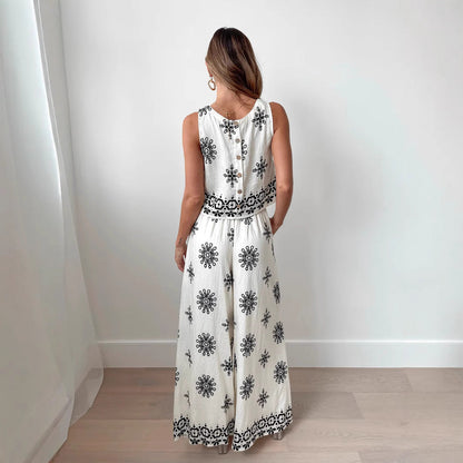 Women’s Two-Piece Set – Embroidered Crop Top – High Waist Wide-Leg Pants – Cotton Blend