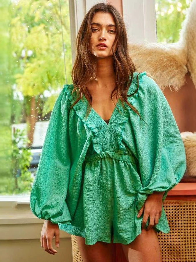 Women’s Romper – Soft Cotton Blend – V-Neck – Puff Sleeves – Ruffle Trim – Pockets