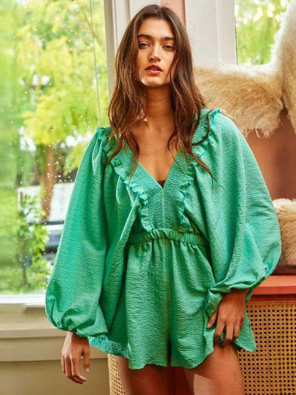 Women’s Romper – Soft Cotton Blend – V-Neck – Puff Sleeves – Ruffle Trim – Pockets