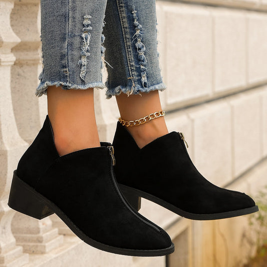Women’s Ankle Boots – Suede – Pointed Toe – Block Heel – Zipper Closure – Sleek Fit