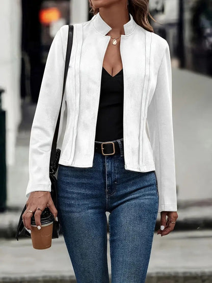 Women’s Short Jacket – Slim Fit – Wool Blend – Stand Collar – Open Front
