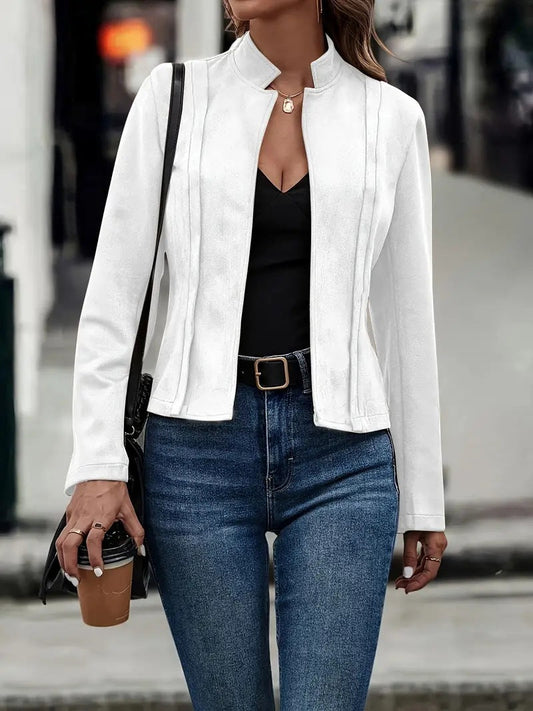 Women’s Short Jacket – Slim Fit – Wool Blend – Stand Collar – Open Front