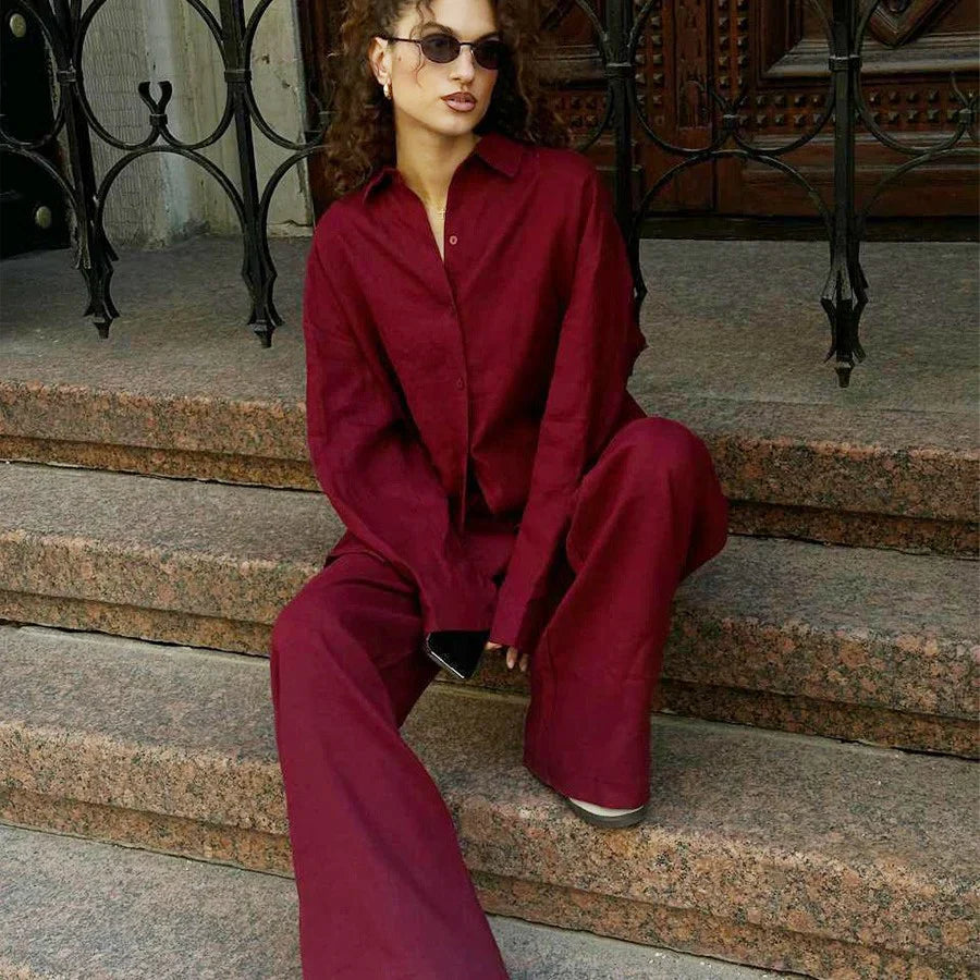 Women’s Two-Piece Set – Oversized Button-Up Shirt – Wide-Leg Trousers – Linen Blend