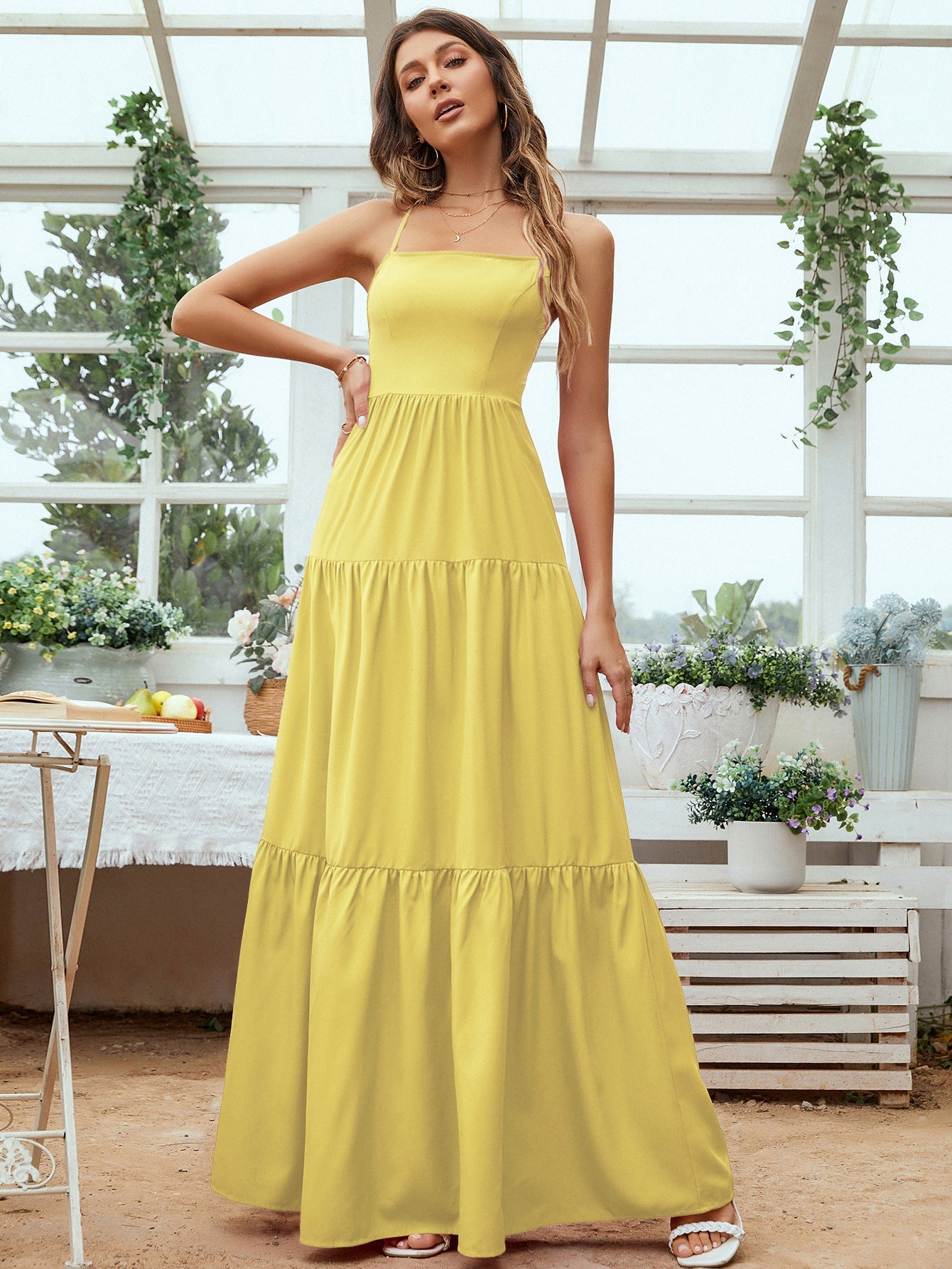 Women’s Evening Gown – Satin Feel – Backless – Tiered Skirt – Spaghetti Straps – Formal Fit