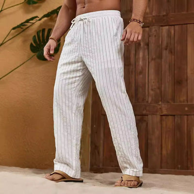 Men’s Trousers – Cotton Linen Blend – Relaxed Fit – Straight Leg – Drawstring Waist