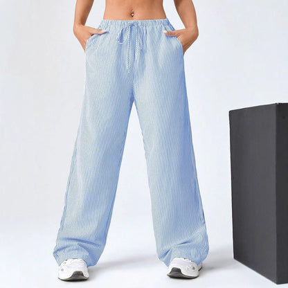 Women’s Straight-Leg Trousers – Relaxed Fit – Breathable – Drawstring Waist – Striped