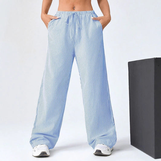 Women’s Straight-Leg Trousers – Relaxed Fit – Breathable – Drawstring Waist – Striped