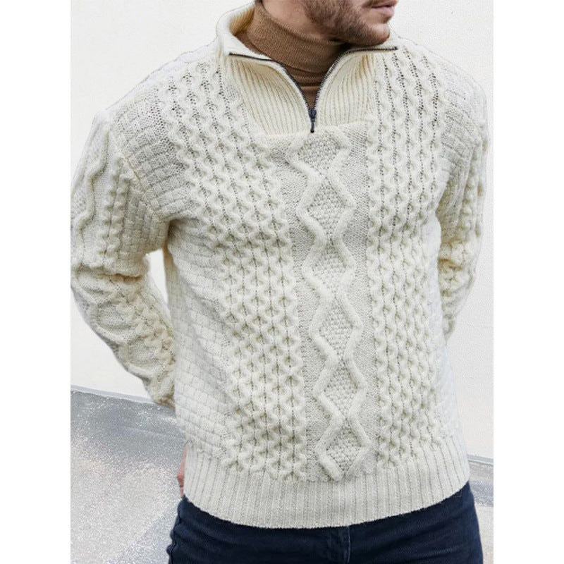 Men’s Knit Sweater – Cable Knit – High Neck Zip – Regular Fit – Ribbed Hem Cuffs