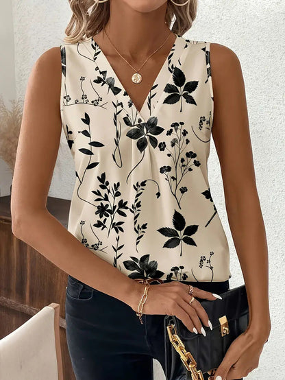 Women’s Sleeveless Top – V-Neck – Relaxed Fit – Abstract Print – Lightweight Fabric