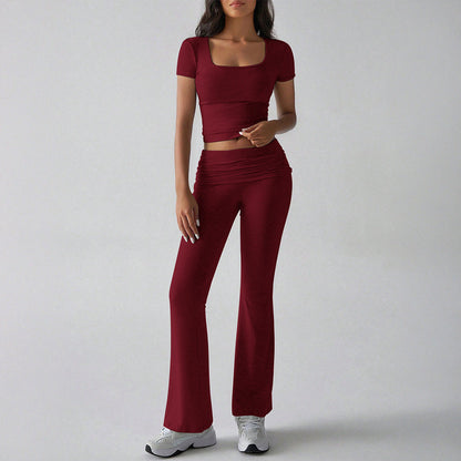 Women’s Two-Piece Set – Slim Fit Crop Top & Flared Trousers – Stretch Soft Fabric
