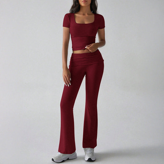 Women’s Two-Piece Set – Slim Fit Crop Top & Flared Trousers – Stretch Soft Fabric