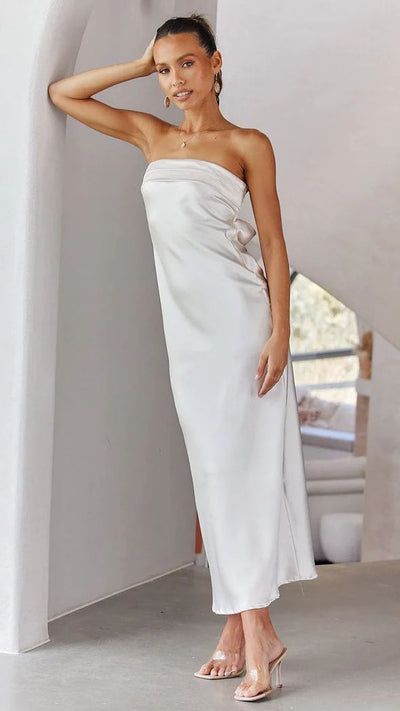 Women’s Maxi Dress – Strapless Satin – Slim Fit – Formal Evening Wear