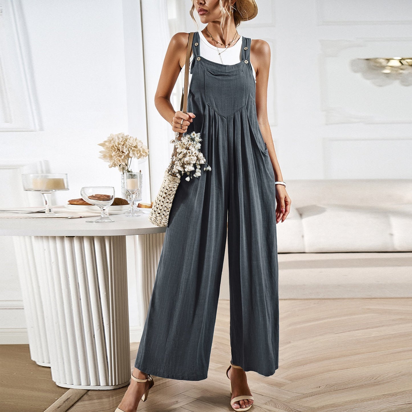 Women’s Overalls – Relaxed Fit – Wide Leg – Cotton Linen Blend – Adjustable Straps