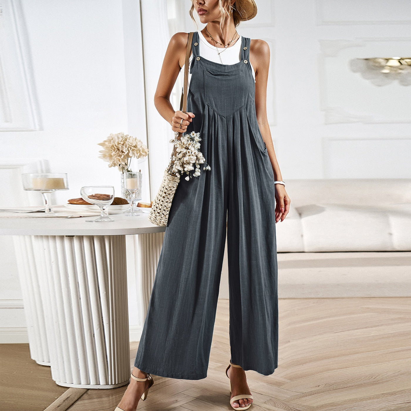 Women’s Overalls – Relaxed Fit – Wide Leg – Cotton Linen Blend – Adjustable Straps