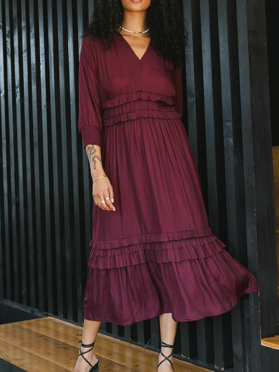 Women’s Midi Dress – V-Neck – Tiered Ruffle Hem – Long Sleeve – Cotton Blend – Relaxed Fit