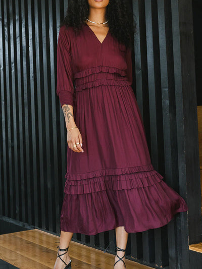Women’s Midi Dress – V-Neck – Tiered Ruffle Hem – Long Sleeve – Cotton Blend – Relaxed Fit
