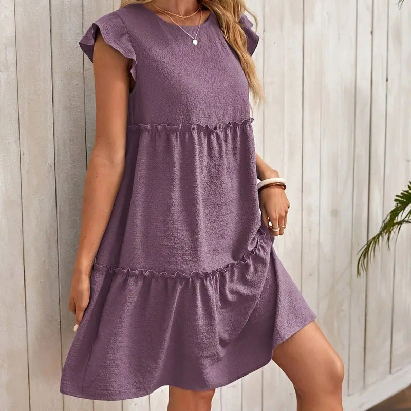 Women’s Short Sleeve Dress – A-Line Relaxed Fit – V-Neck Tiered Ruffle – Lightweight Cotton