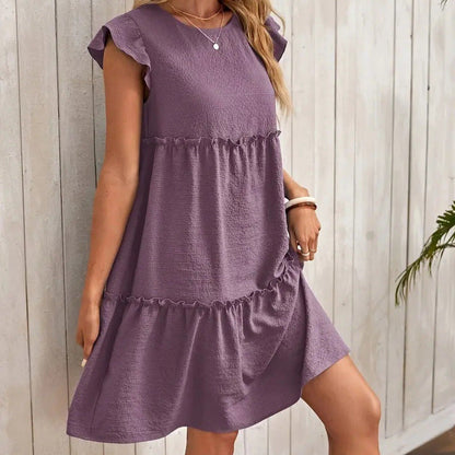 Women’s Short Sleeve Dress – A-Line Relaxed Fit – V-Neck Tiered Ruffle – Lightweight Cotton