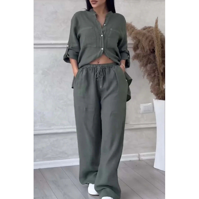 Women’s Shirt and Trousers Set – Linen Blend – Relaxed Fit – Wide Leg – Button Down Top