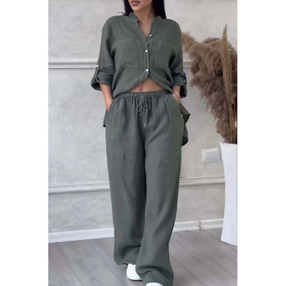 Women’s Shirt and Trousers Set – Linen Blend – Relaxed Fit – Wide Leg – Button Down Top