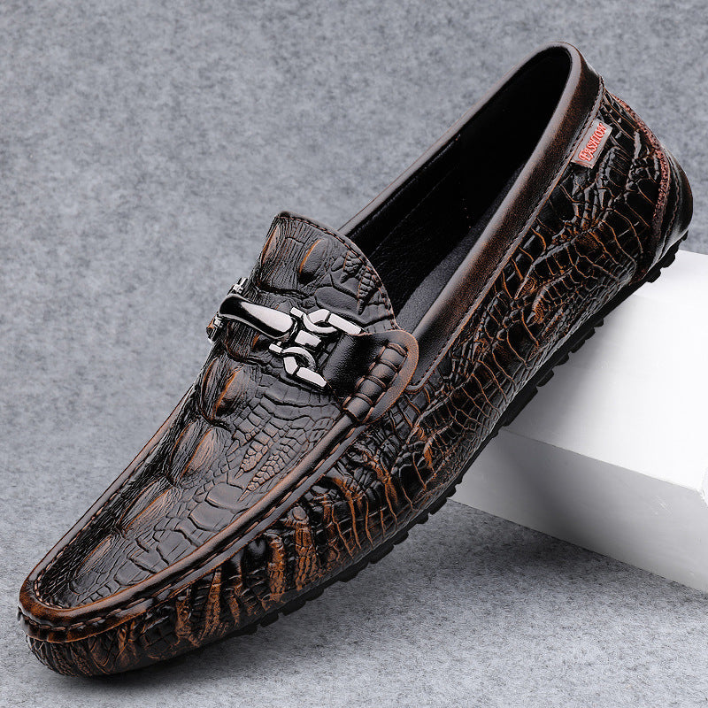 Men’s Loafers – Crocodile-Embossed Leather – Slip-On – Metal Buckle – Streamlined Fit